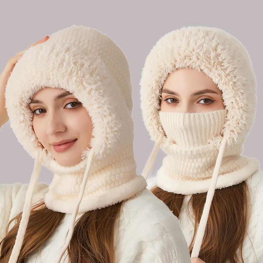 Women's Winter Padded and Thickened Knitted Face-concealing One-piece Hat Solid Color Comfortable Warm Hat