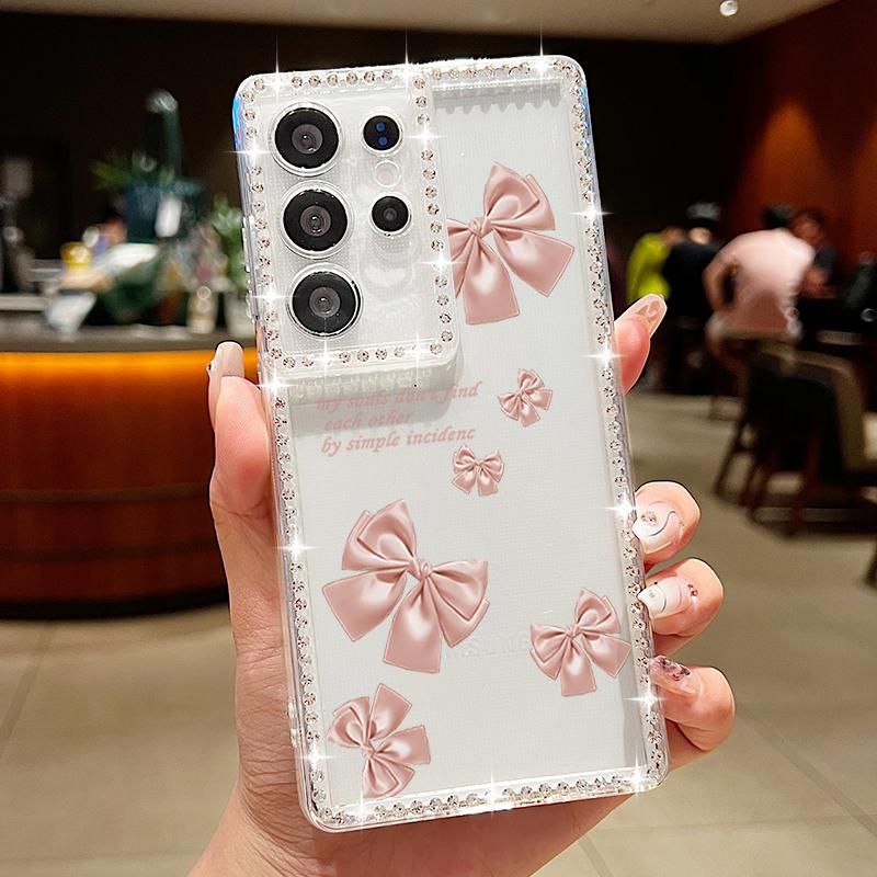 Pink Bow Print Phone Case For Samsung Galaxy A55 A56 A54 A36 A15 A26 A16 5G S25 Edge S24 S23 S22 Ultra S23 FE Diamond Soft Cover
