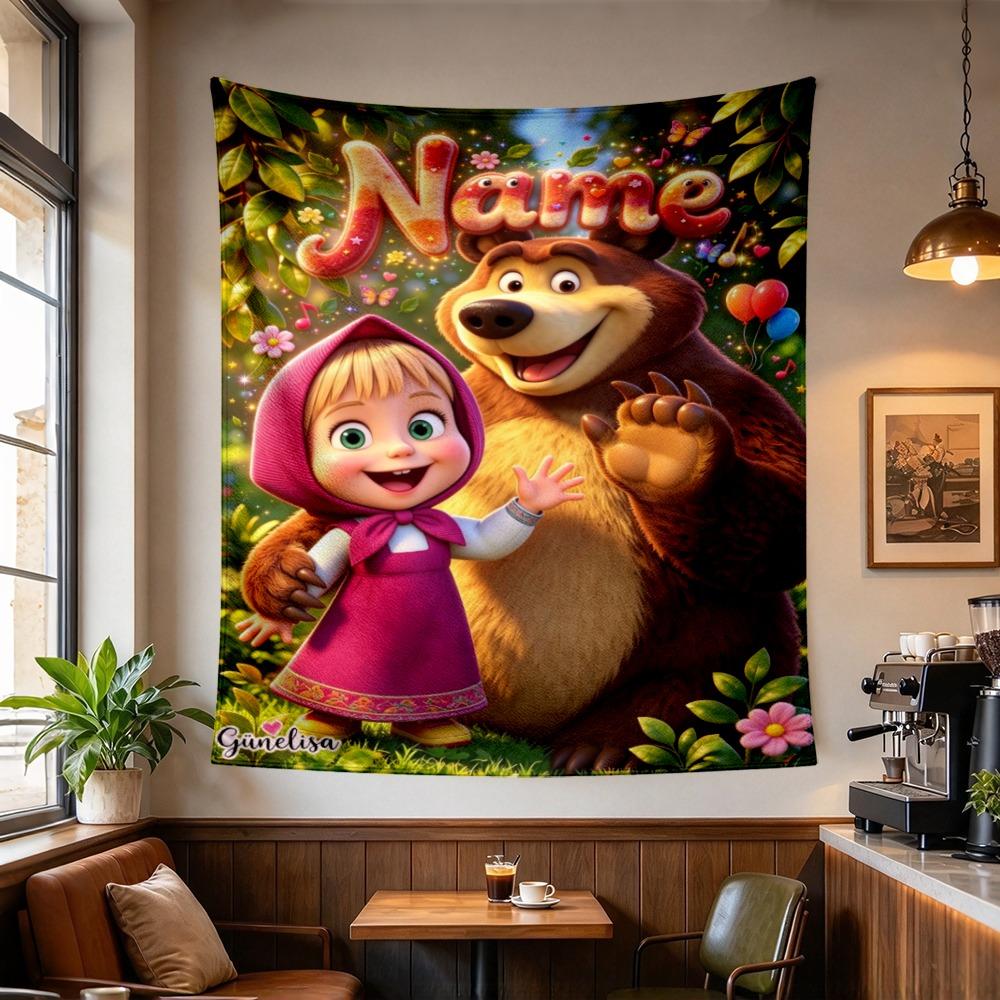 Custom Name Masha Bear Tapestry Wall Hanging for Bedroom, Living Room & Dorm Decor, Modern Home Wall Art