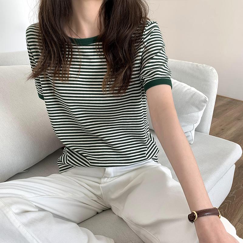 

Striped Short Sleeve T-shirt Women s Summer Korean Version Loose Retro Contrast Slim Round Neck Top Women s Casual T-shirt XL зелений