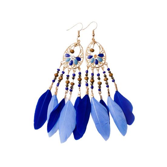 1 Paar lange Feder Quaste Tropfen Ohrringe Holzperlen Bohemian Piercing Hohlhaken Ohrringe