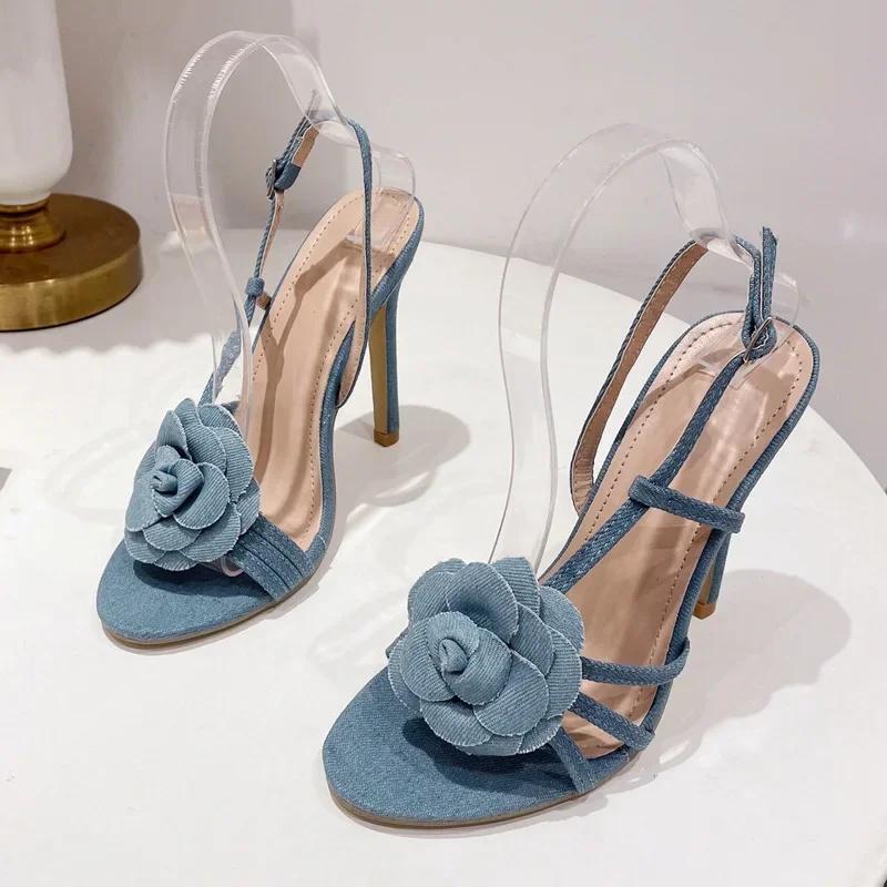 Fashion High Quality Denim Brand Sandals Women Fashion Flower Narrow Band High Heel Sandals Summer Sexy Open Toe Large Size Women Shoes