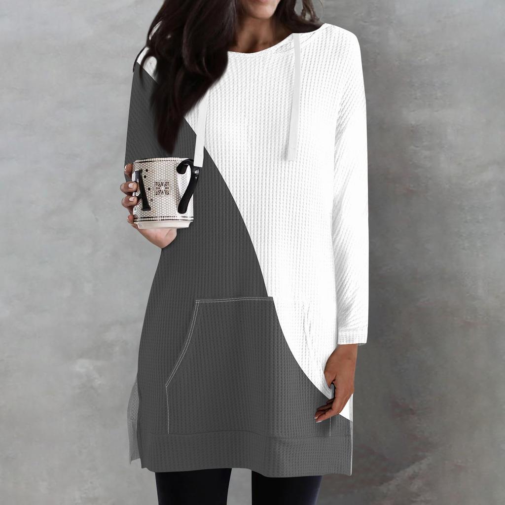 Dámské volné košile s potiskem, dlouhý rukáv mikiny se stahovací šňůrkou, úplet postranní rozparek Tunika s kapucí, s kapsou