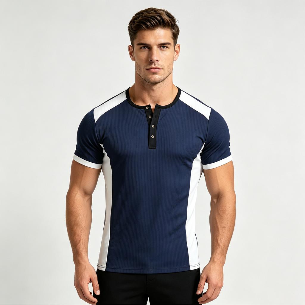 Men's Color Block Half Button Short Sleeve T-Shirt for Summer Casual Athletic Wear