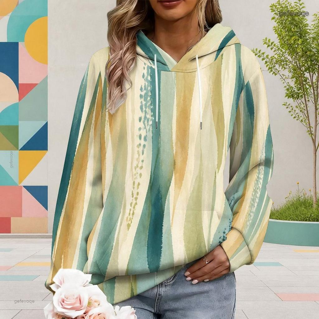 Women Plus Size Long Sleeve Drawstring Hoodie Watercolor Floral Printed Kangaroo Pocket Pullover