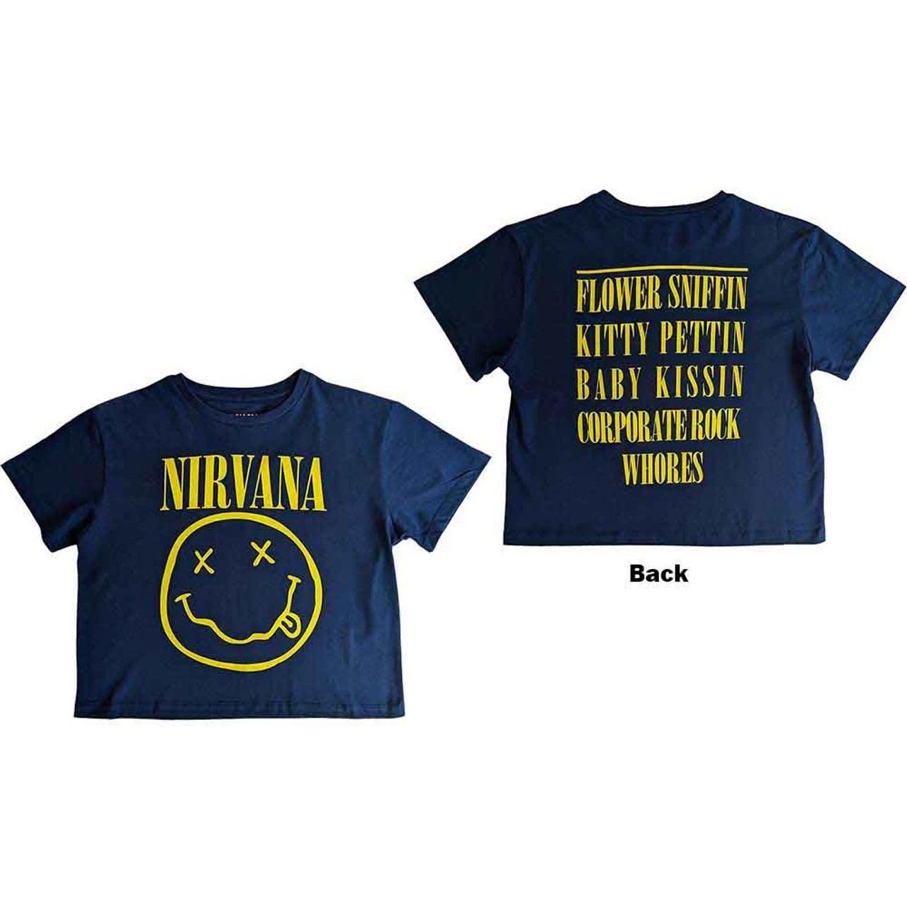Nirvana  Happy Face - Flower Sniffin  Women s Blue Crop Top - NEW OFFICIAL 4XL
