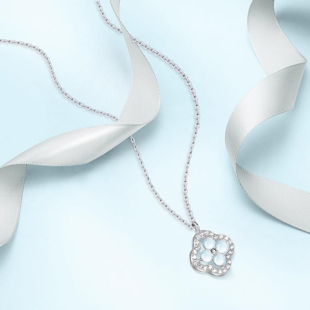 Moonstone Necklace for Popular of Good Silver Metal Four Leaf Clover June Present [Free Bird] Women, "Symbol Luck" 925, Allergy, Pendant, Birthstone,