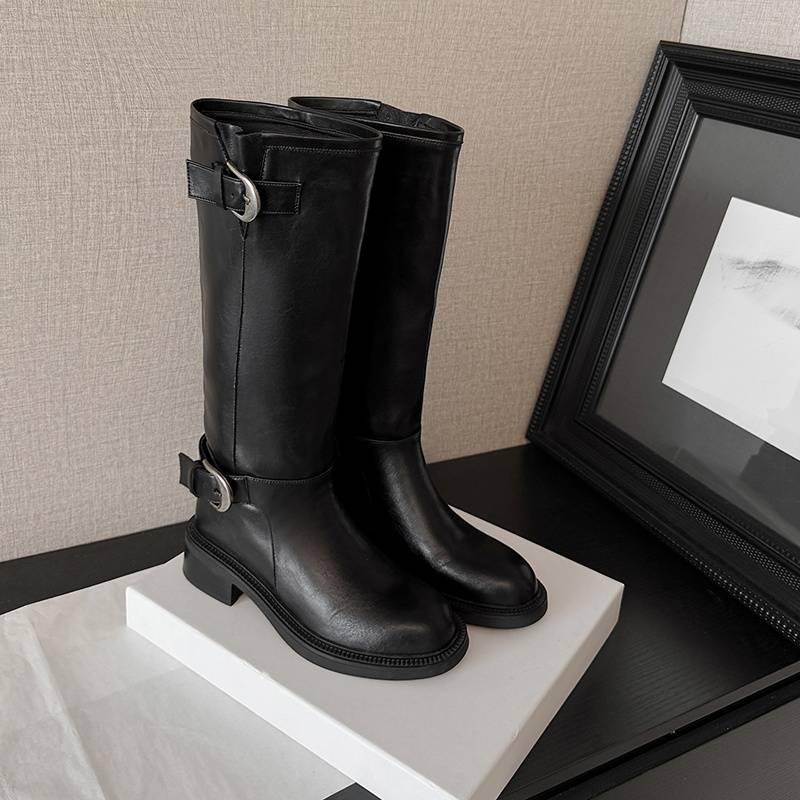 New women's leather boots round head versatile large size women's boots medium heel round head rubber platform high boots leather knight boots