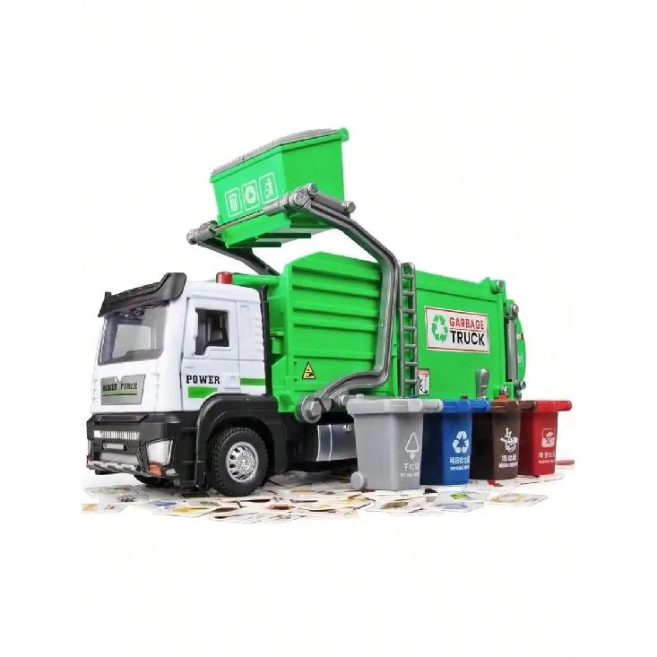 Realistic Garbage Truck Toy Set with Trash Can & STEM Learning Cards | 6+ Years Interactive Pull-Back Vehicle for Boys & Girls, Alloy garbage truck