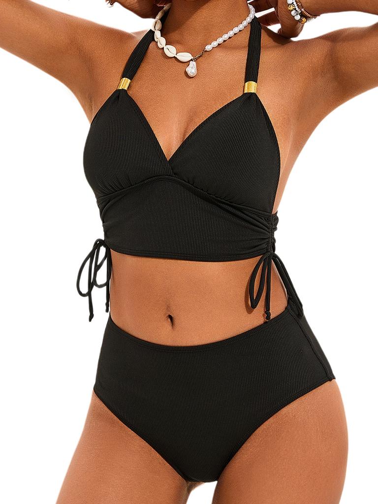 Solid Ribbed Tie Side Sexy Bikini Set Comfortable Elegant Two Piece Swimwear