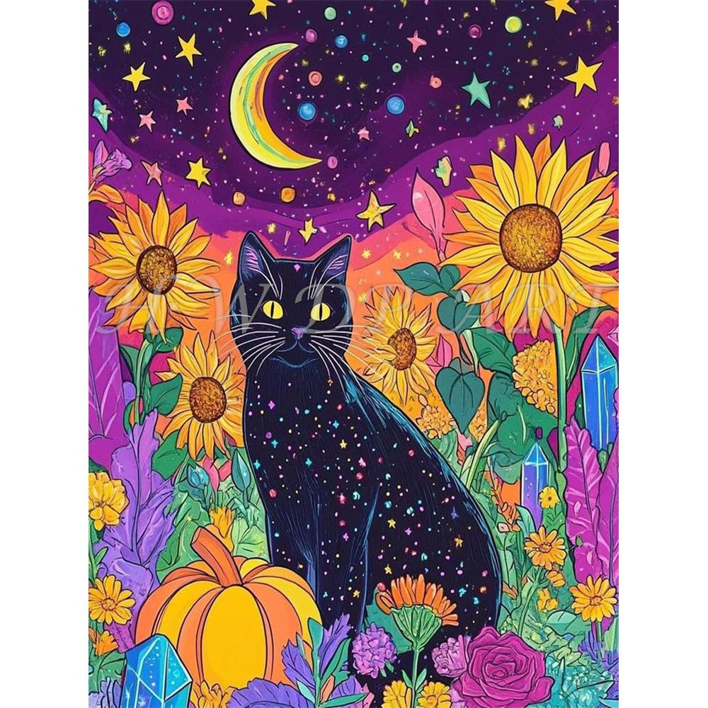 Diamond Painting Kits Black Cat Round Diamond Embroidery Gem Cross Stitch Crystal Diamond Art Fairy Dust Decor