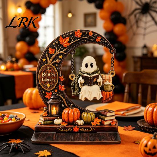 Handcrafted Wood Ghost Gift Swinging On Moon Halloween Decoration, Spooky Reading Ghost/Skeleton Wooden Bookshelf Ornament Creative Craft for
