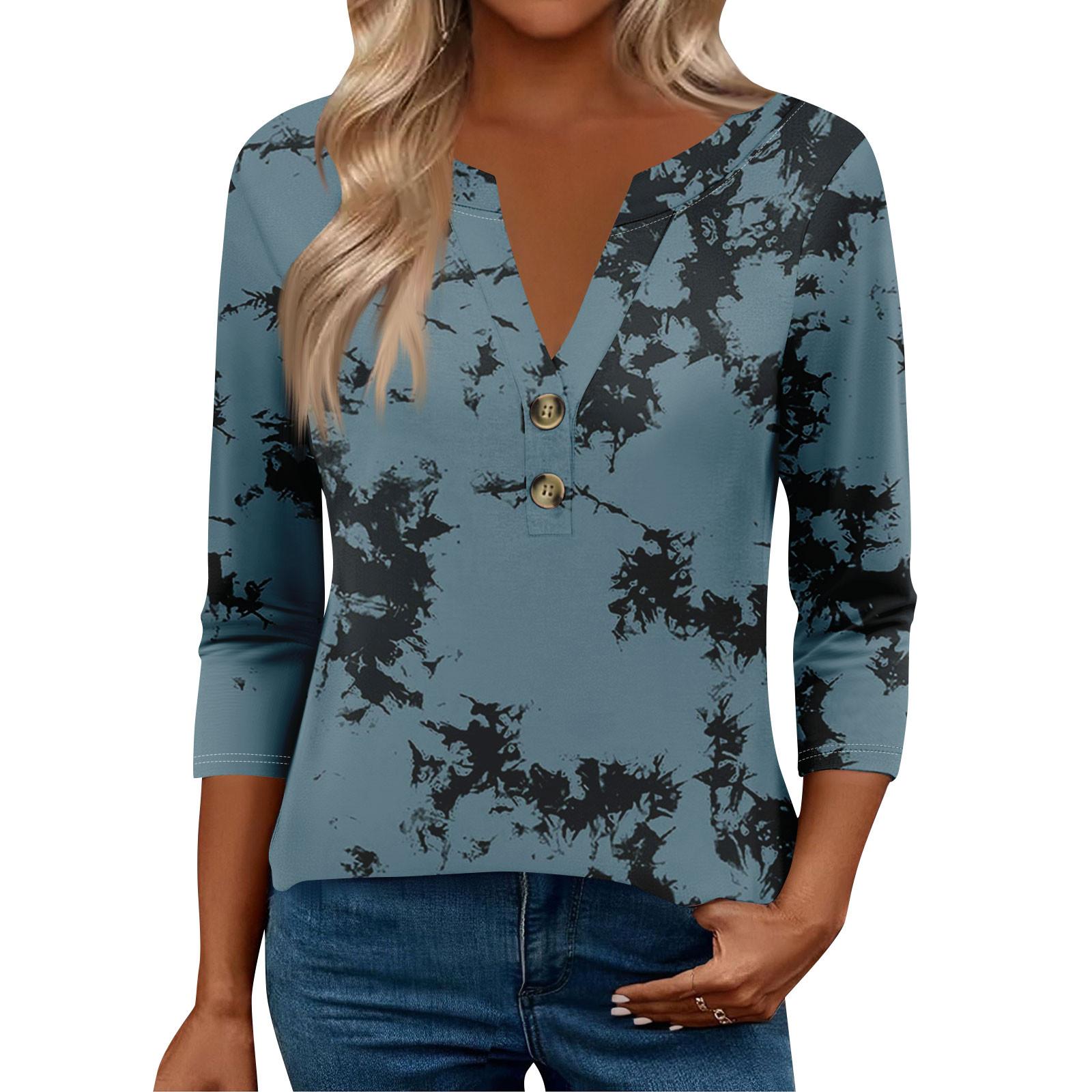 

Женские топы с рукавом 3/4 для женщин, топы хенли на пуговицах с V-образным вырезом, нарядные летние женские топы свободного кроя XL циан
