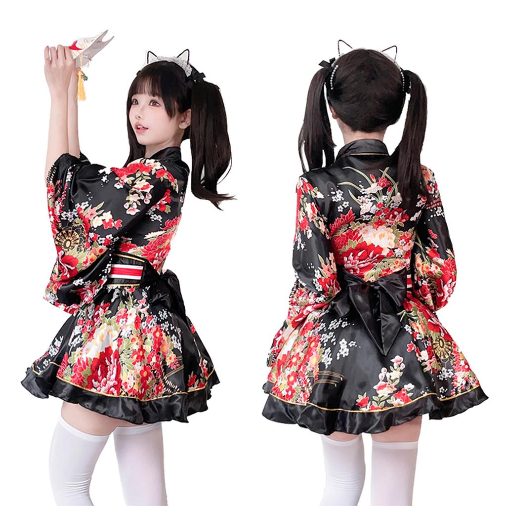 ChicFlow Yukata Lolita Erwachsenen Cosplay Japanisch Floral Lang Schul Set Kleid, Stil, Damen, Floral, Ozean, Sexy, Kostüm, Stil, Satin, Druck,
