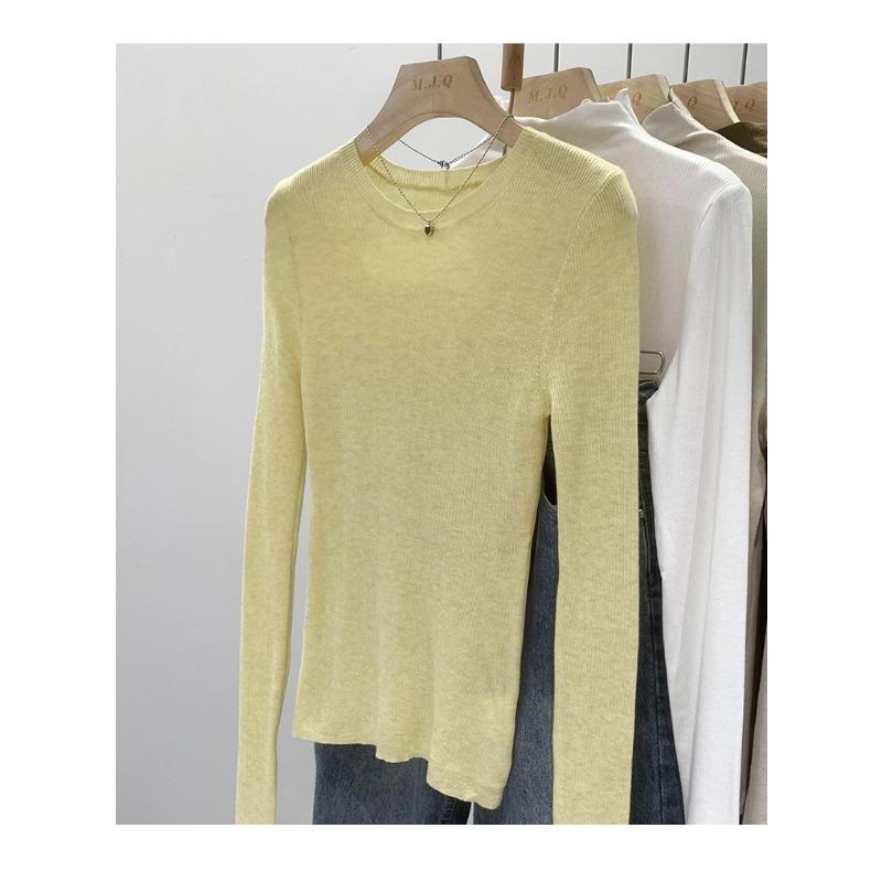 

Candy Mint Green Round Neck Pullover Knitted Bottoming Shirt for Women in Spring and Autumn Slim Fit Thin Slightly See-through Long Sleeves L жовтий