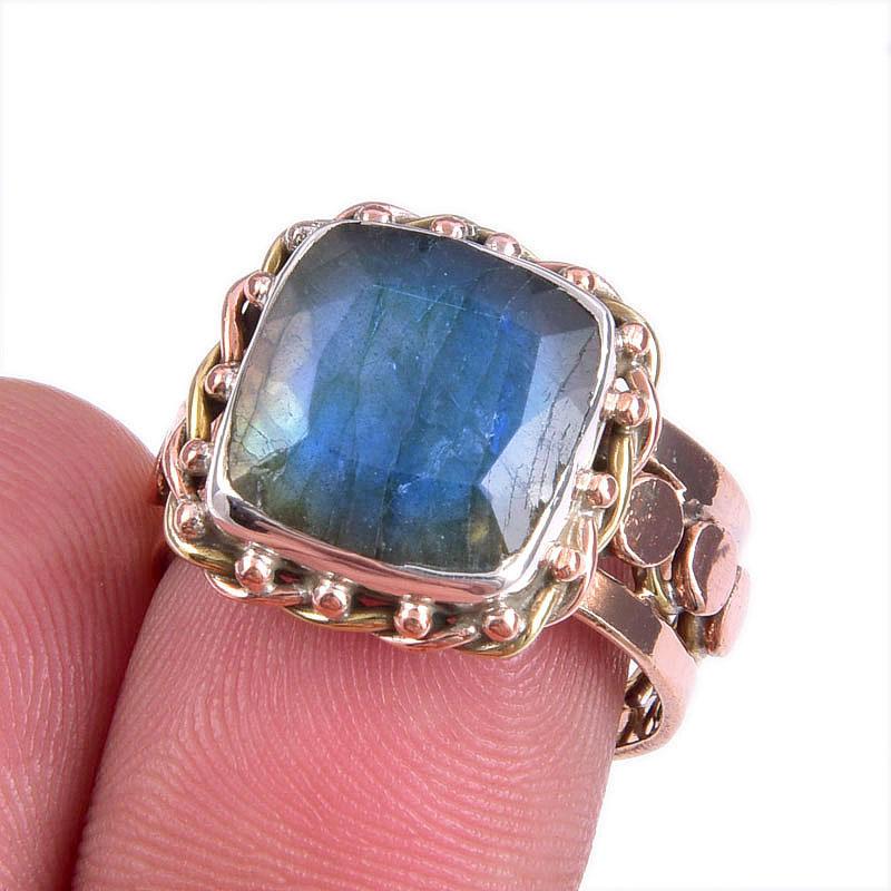 

Natural Labradorite Gemstone Two Tone 925 Sterling Silver Jewelry Ring S.7 j9E81