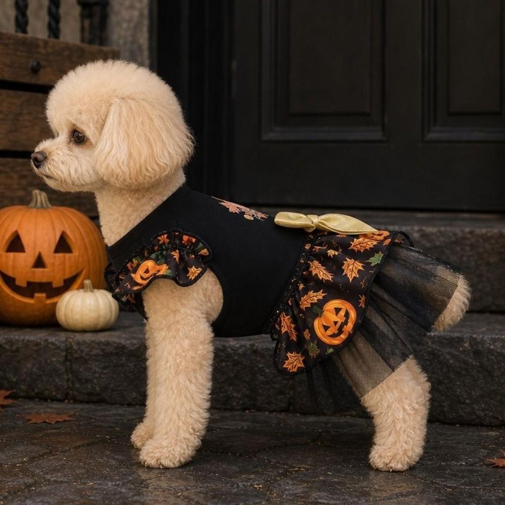 Pumpkin Print Pet Wizard Dress Big Bow Decor Pet Puff Sleeve Skirt Halloween Party