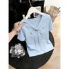 Korean polka dot v-neck short front shoulder short-sleeved t-shirt women's summer new design slim-fit small top trend