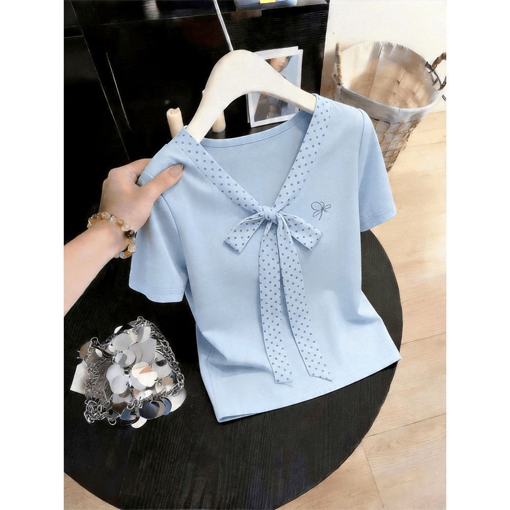 Korean polka dot v-neck short front shoulder short-sleeved t-shirt women's summer new design slim-fit small top trend