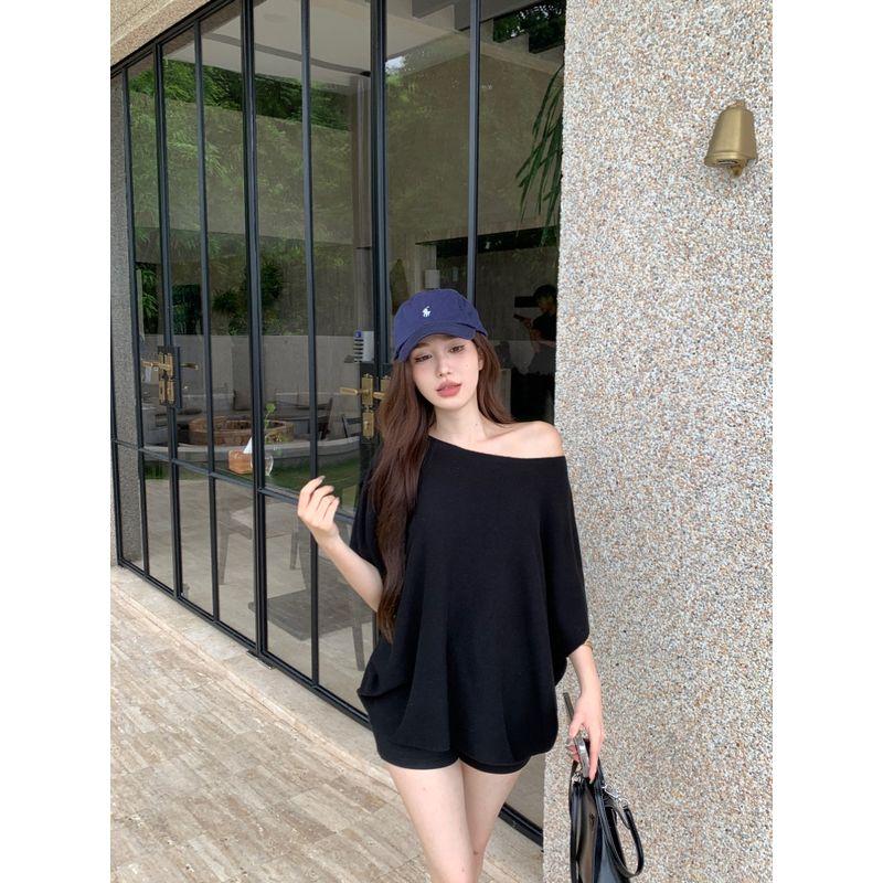 Loose Slim Looking Casual off-the-Shoulder Knitting Short Sleeve T-shirt