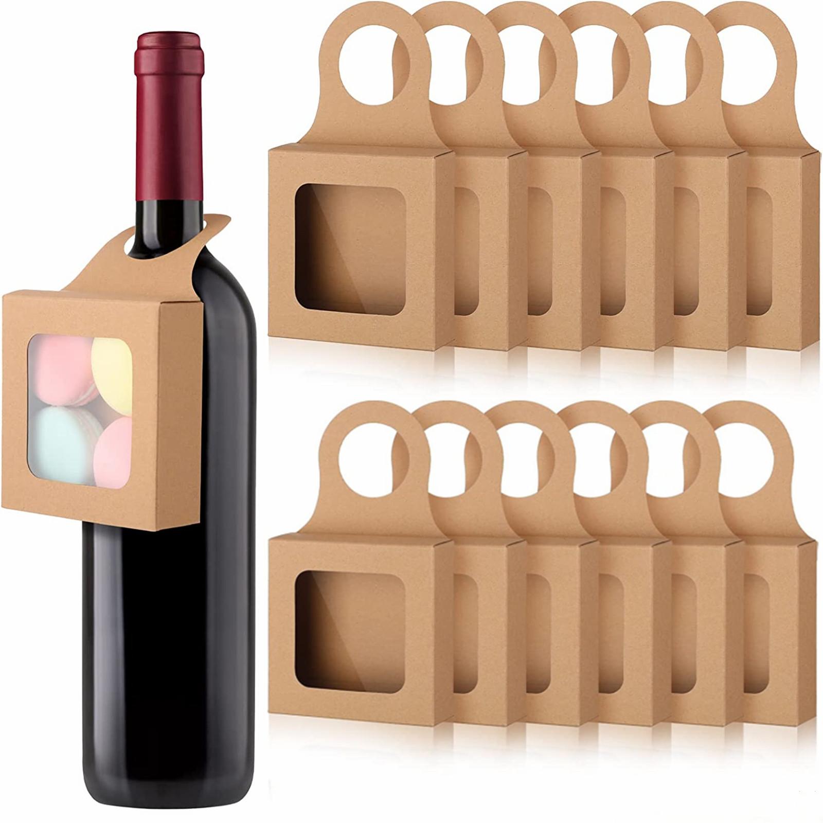 

25pcs Hanging Foldable Kraft Paper Wine Bottle Box With Window For Holding Cookies Fruit Chocolate Kraft paper color#0