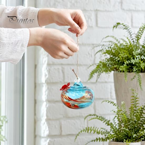 Nectar Storage Feeder Blown Glass Hummingbird Feeder, Outdoor Hanging Colorful Hand-blown with Two Flower Feeding Ports for Garden Backyard