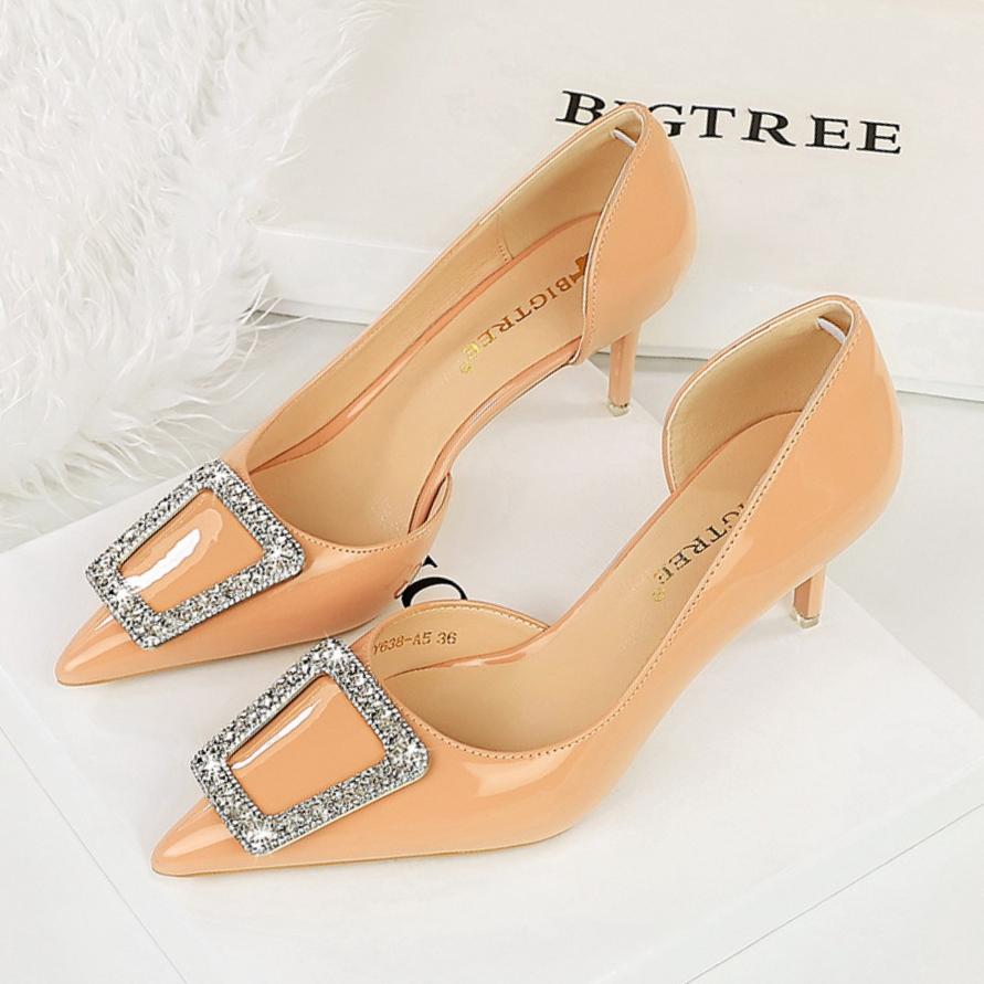 BIGTREE Fashion Crystal Buckle Hollow Wedding Shoes Women Pointed Toe Patent Leather High Heels Red Black Ladies Party Pumps