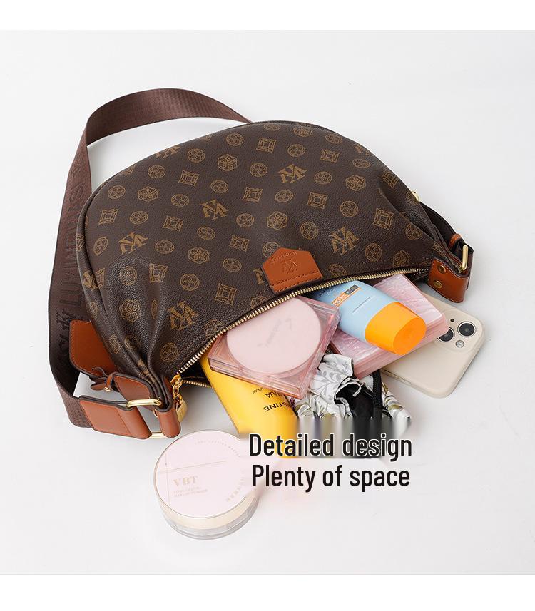 Elegant Women's 2025 Retro Monogram Dumpling Crossbody Handbag with Wide Strap and Large Capacity