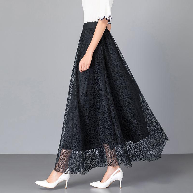 Velká velikost Univerzální A-liniová Dlouhá sukně Dámská Jarní a Podzimní Krajková Elastická S Vysokým Pasem Středně dlouhá Sukně