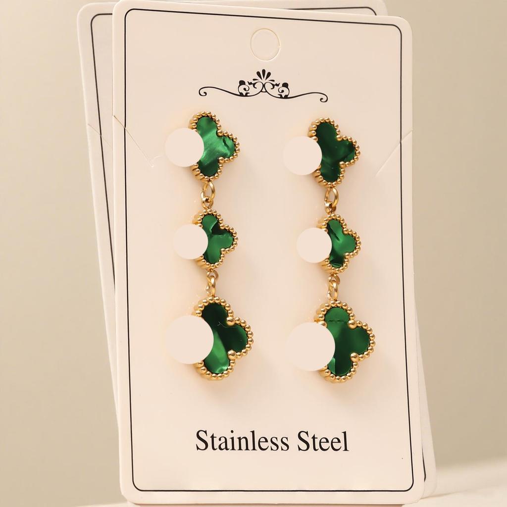 High-End Four-Leaf Clover Tassel Stud Earrings - Stainless Steel, Light Luxury Design
