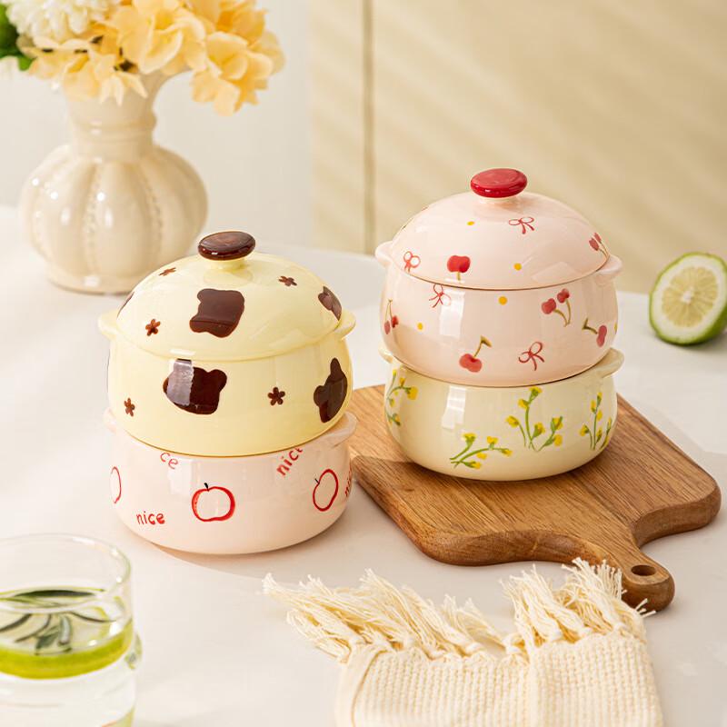 KANGMO 5-inch Cartoon Ceramic Stew Pot with Lid and Spoon