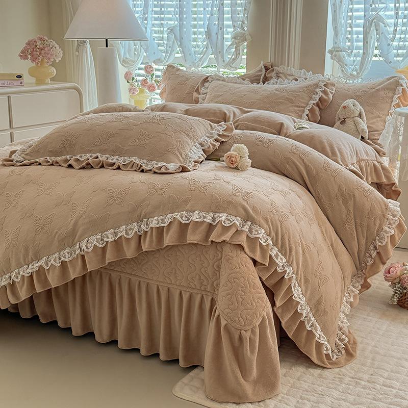 French Bed Cover Lace Thickened Milk Fleece Four-Piece Double-Sided Baby Fleece 1.8