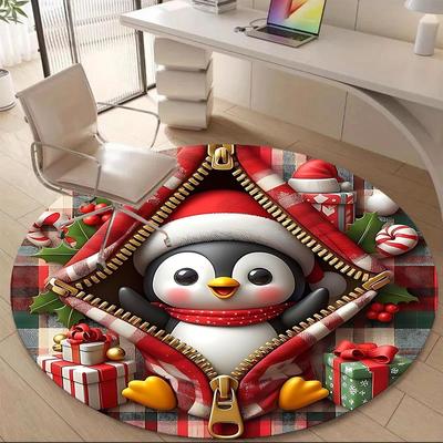 1PC Penguin Christmas Office Round Area Rug, Mat Suitable For Office, Under Office Chairs Bedroom Living Room Home Decor, Room Deco