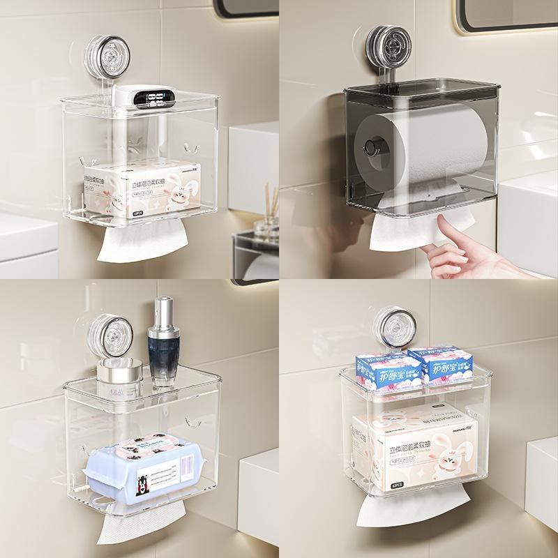 Suction Cup Tissue Holder, Bathroom Wall-mounted Storage Box, Toilet Non-perforating Roll Paper and Tissue Holder, Waterproof Storage Rack