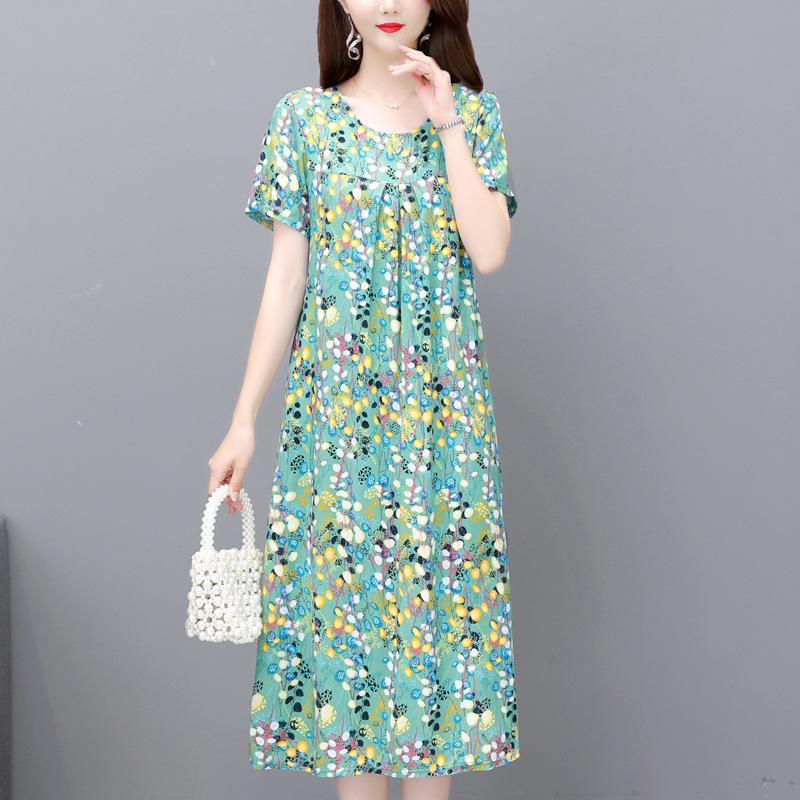 

Хлопково-шелковое платье миди с цветочным принтом больших размеров для женщин - Летняя мода с коротким рукавом для женщин среднего и пожилого возраста 6XL (185-220 jin)