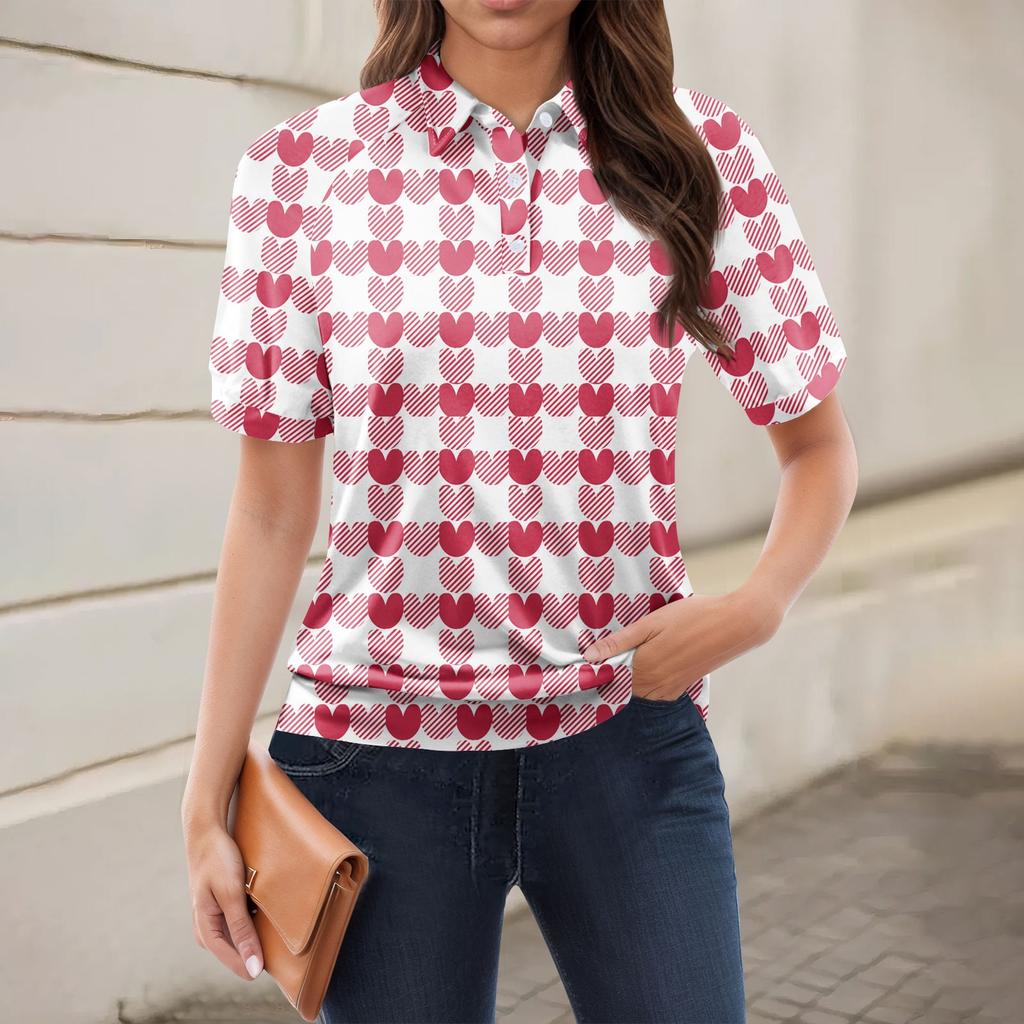 Women's Casual Floral Print V-Neck Short Sleeve Decorative Button T-Shirt Top