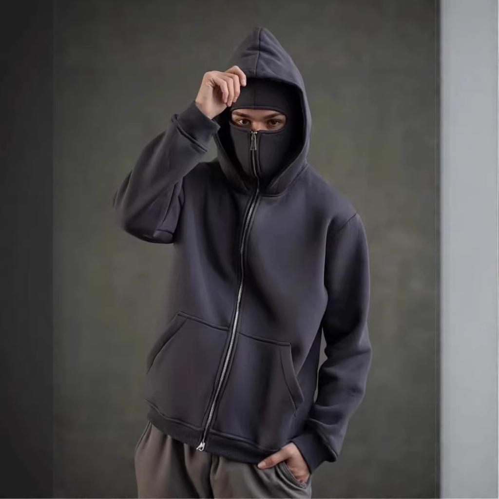 Autumn and Winter New Trend Fashion Solid Color Velvet Zipper Double Hat Sweatshirt Couple Harajuku Casual Wear