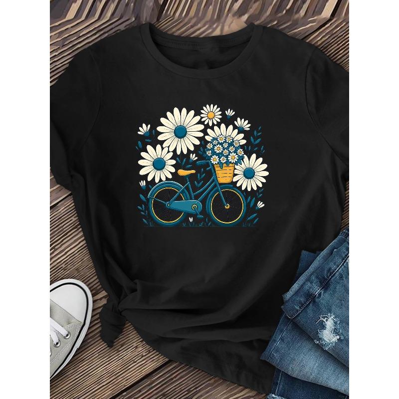 Camisetas Casuales de Manga Corta para Mujer, Tallas Europeas, con Diseños de Bicicleta y Flores, Largo Regular