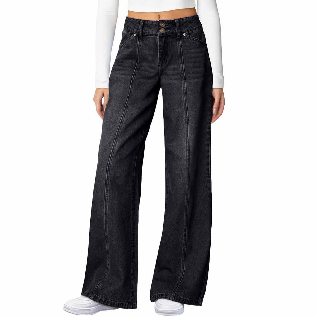 Women's Wide Leg Jeans High Waisted Stretchy Straight Leg Jeans Trendy Seamed Front Loose Denim Pants