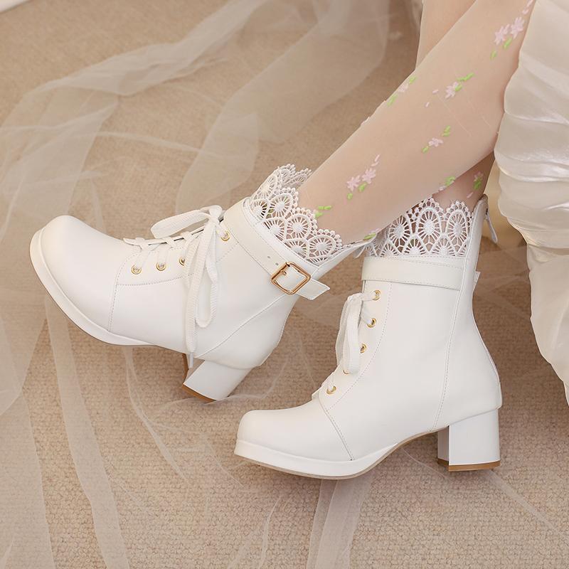 Ankle Boots for Women Lolitas Autumn Winter 2024 Black White Short Boot Low Heels Footwear Shoes Ladies Waterproof Large Size