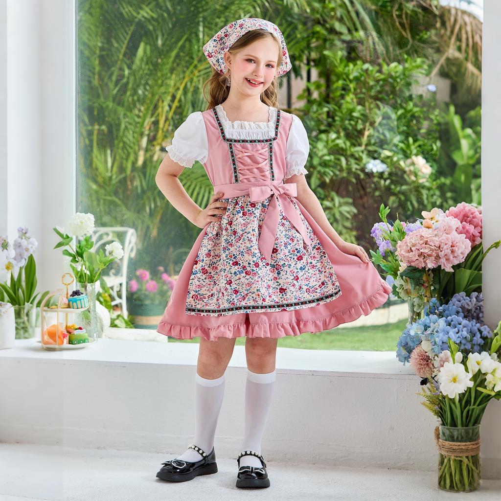 Girls Traditional Dress Oktoberfest Costume Country Style Apron Dress with Headscarf and Puff Sleeve Shirt for Kids