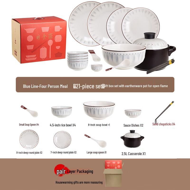 AQ Japanese Blue Stripe 21-Piece Ceramic Dinnerware Set