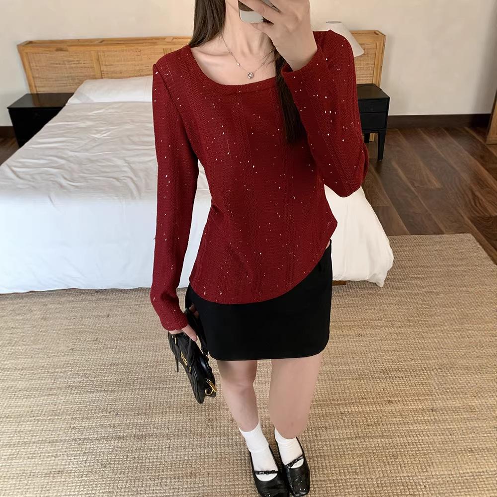 2026 Spring Plus Size Women s Irregular Long Sleeve Shiny Top 3XL