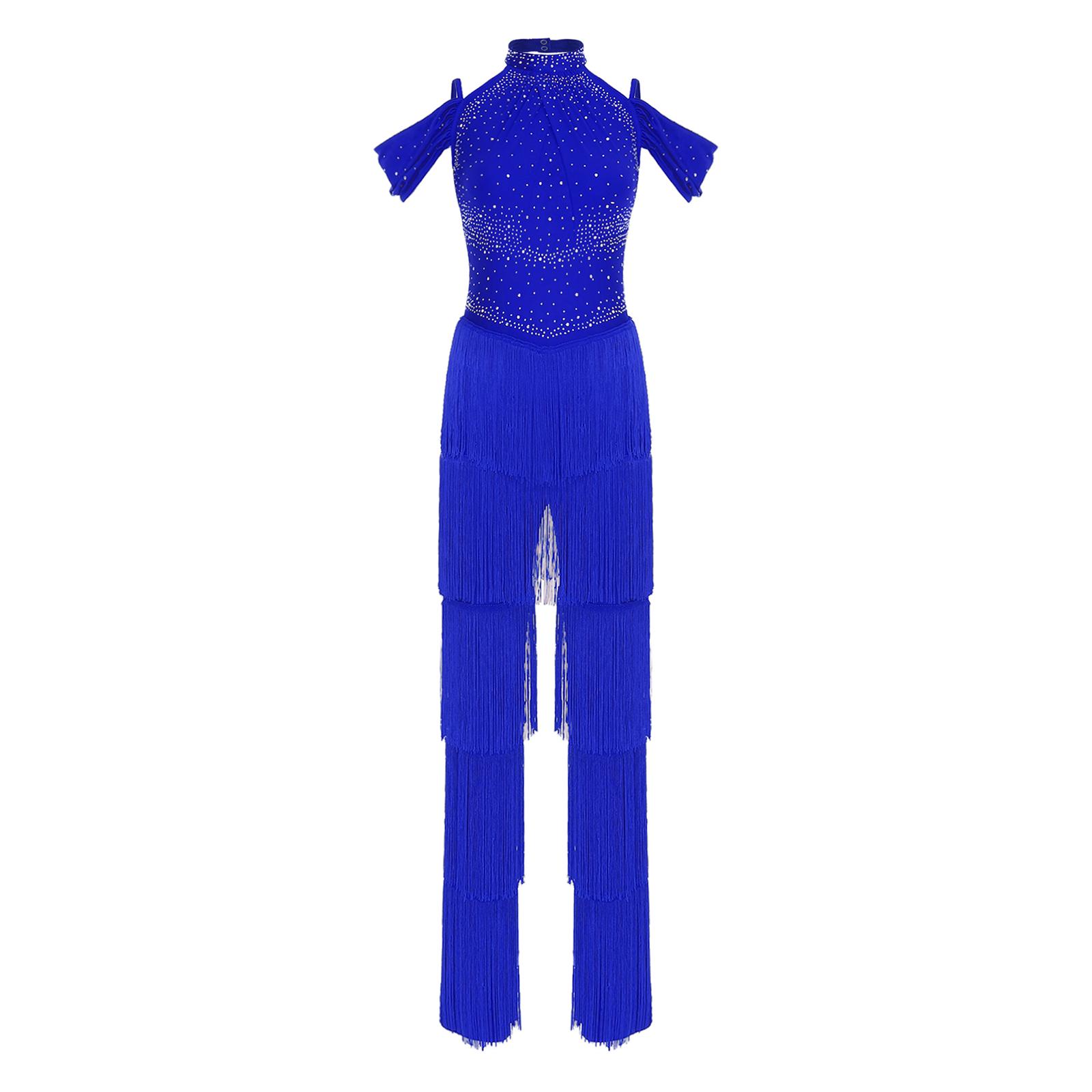 

Жіночі латиноамериканські ромпери для танцю самба зі стразами, багаторівневою бахромою, на бретелях, з відкритими плечима, з відкритою спиною, цільний комбінезон королівський синій колір