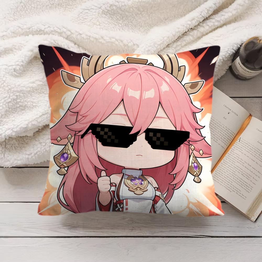 Yae Miko Cute Genshin Impact Cushion Cover Silky Short Plush Invisible Zipper Dustproof Sofa Pillow Case For Home Decor