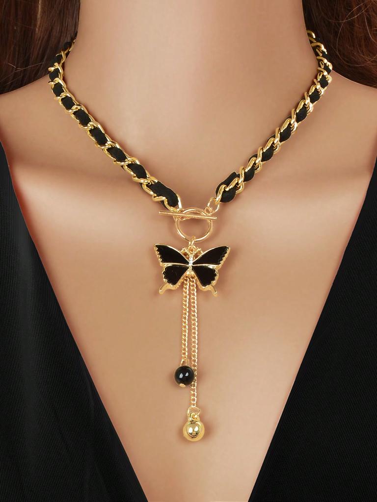 1pc Designer Stylish Cross Charm And Ball Pendant Tassel Braided Long Necklace Women Party Daily Jewelry