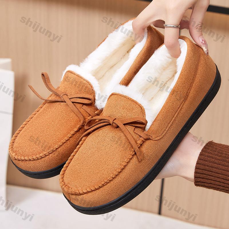 Women's Cotton Shoes 2025 Winter New Plush Thickened Warm Home Slippers Vintage Bow-knot Flat Outdoor Luxury Short Boots