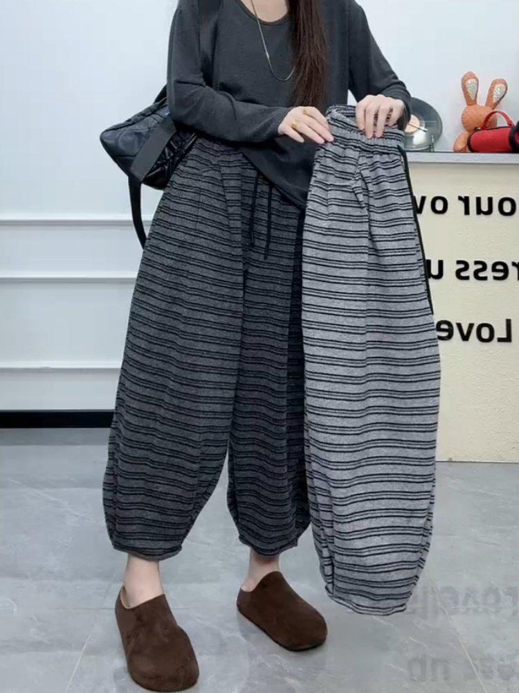 Plus Size Striped Harem Pants with Velvet - Autumn/Winter, Slimming Cropped Fit for Women