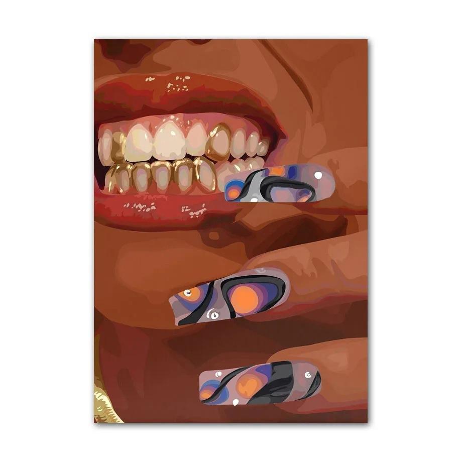 Black Art Fashion Hip Hop Girl Manicure Jewelry Lips Poster African Black Woman Beautiful Nails Painting Pictures Living Room Beauty Salon Decor