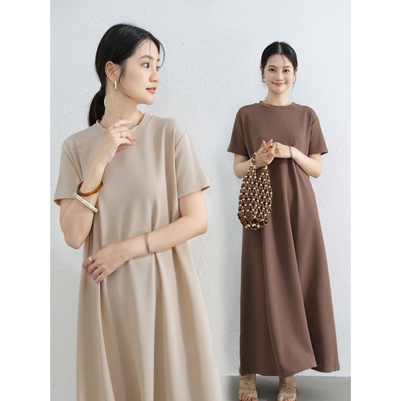 Plus Size Slimming Short Sleeve Dress Round Neck Over the Knee Temperament Long Dress Loose Idle Style Big Hemline Belly Covering Casual Skirts